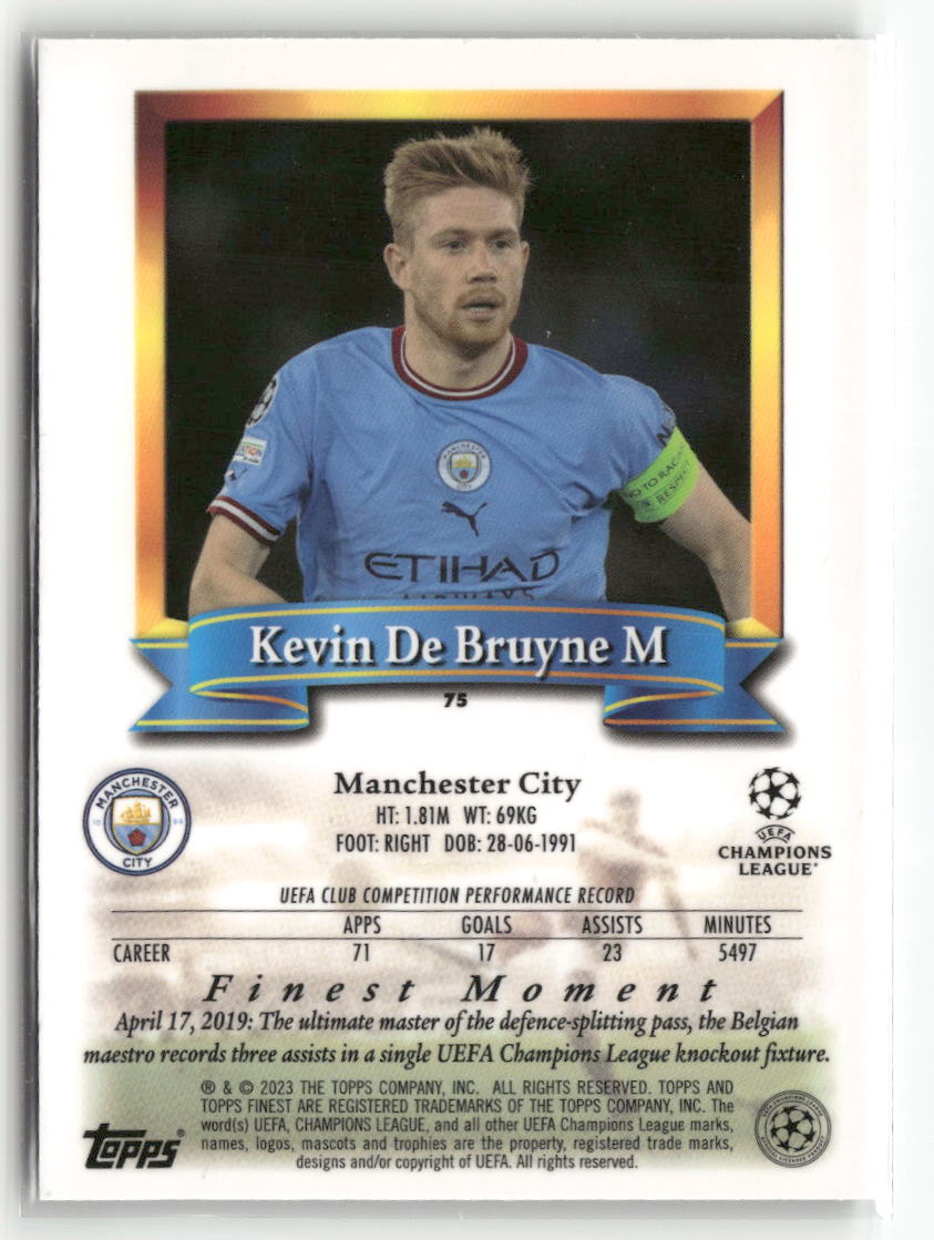 2022-23 Topps Finest Flashbacks UEFA Club Competitions #75 Kevin De Bruyne