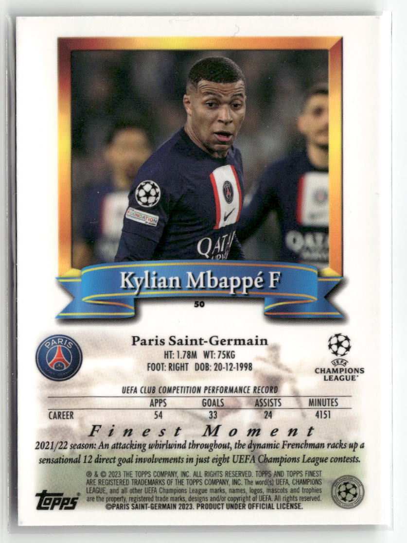 2022-23 Topps Finest Flashbacks UEFA Club Competitions #50 Kylian Mbappé