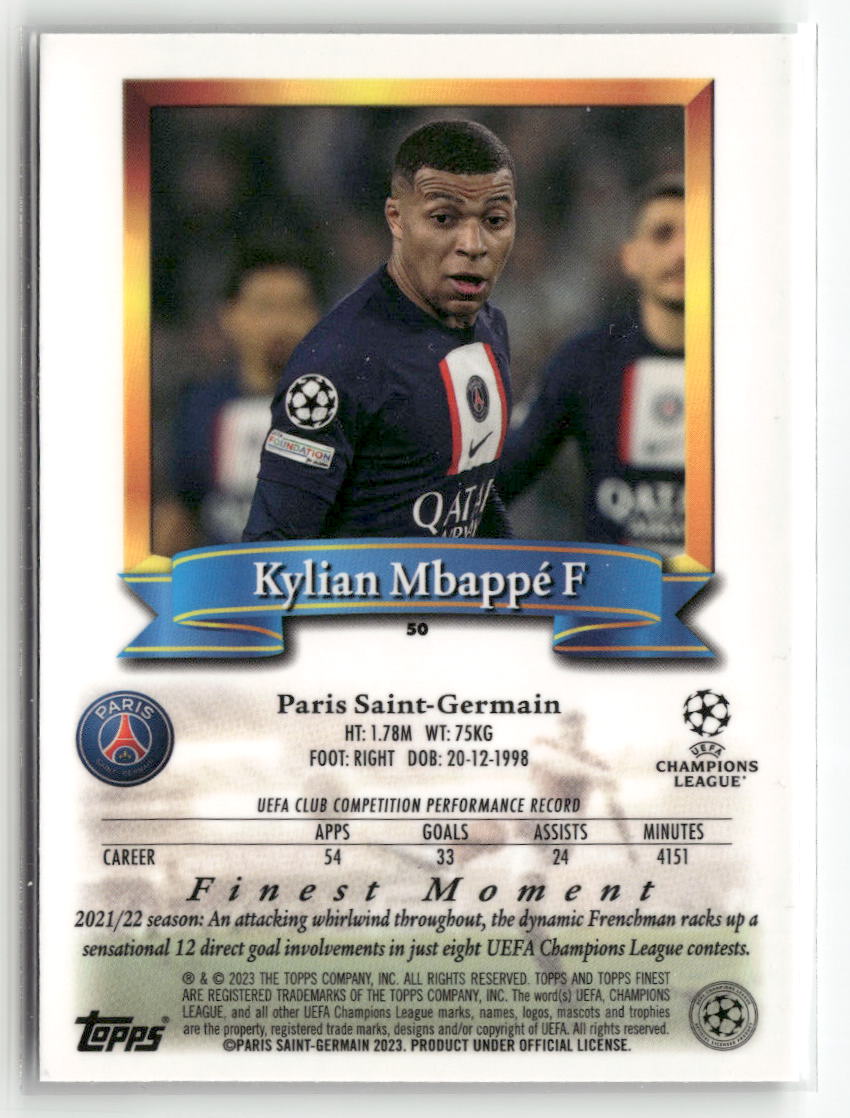 2022-23 Topps Finest Flashbacks UEFA Club Competitions #50 Kylian Mbappé