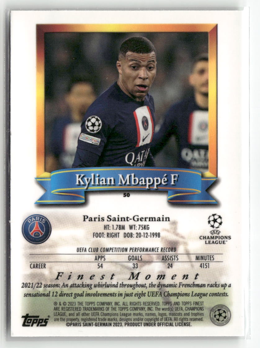 2022-23 Topps Finest Flashbacks UEFA Club Competitions #50 Kylian Mbappé